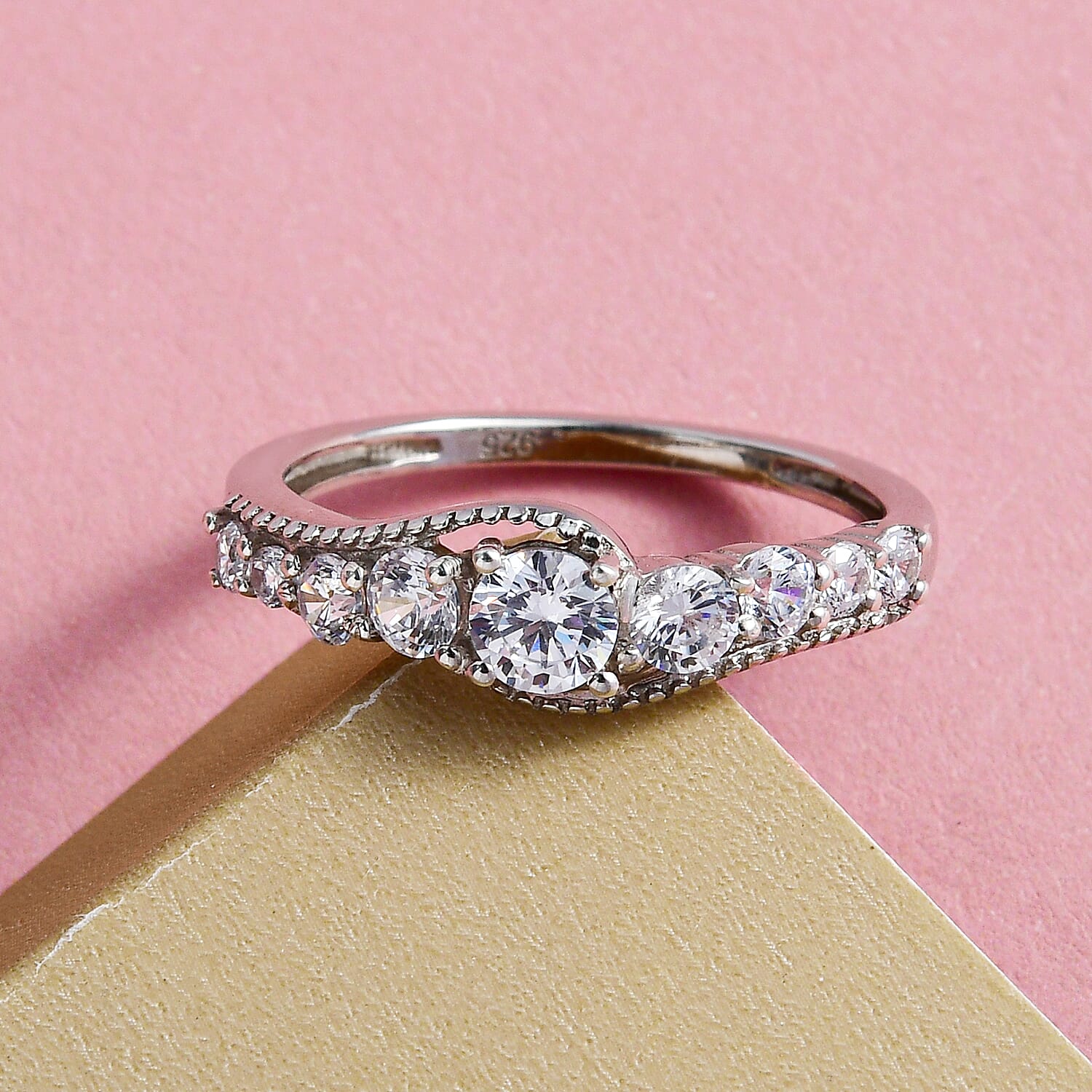 Simulated Diamond Ring in Platinum Overlay Sterling Silver 7074102 2