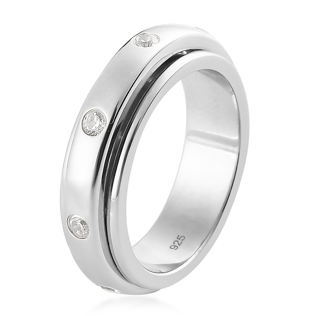 Simulated Diamond Spinner Ring in Platinum Plated Sterling Silver 7523421 6