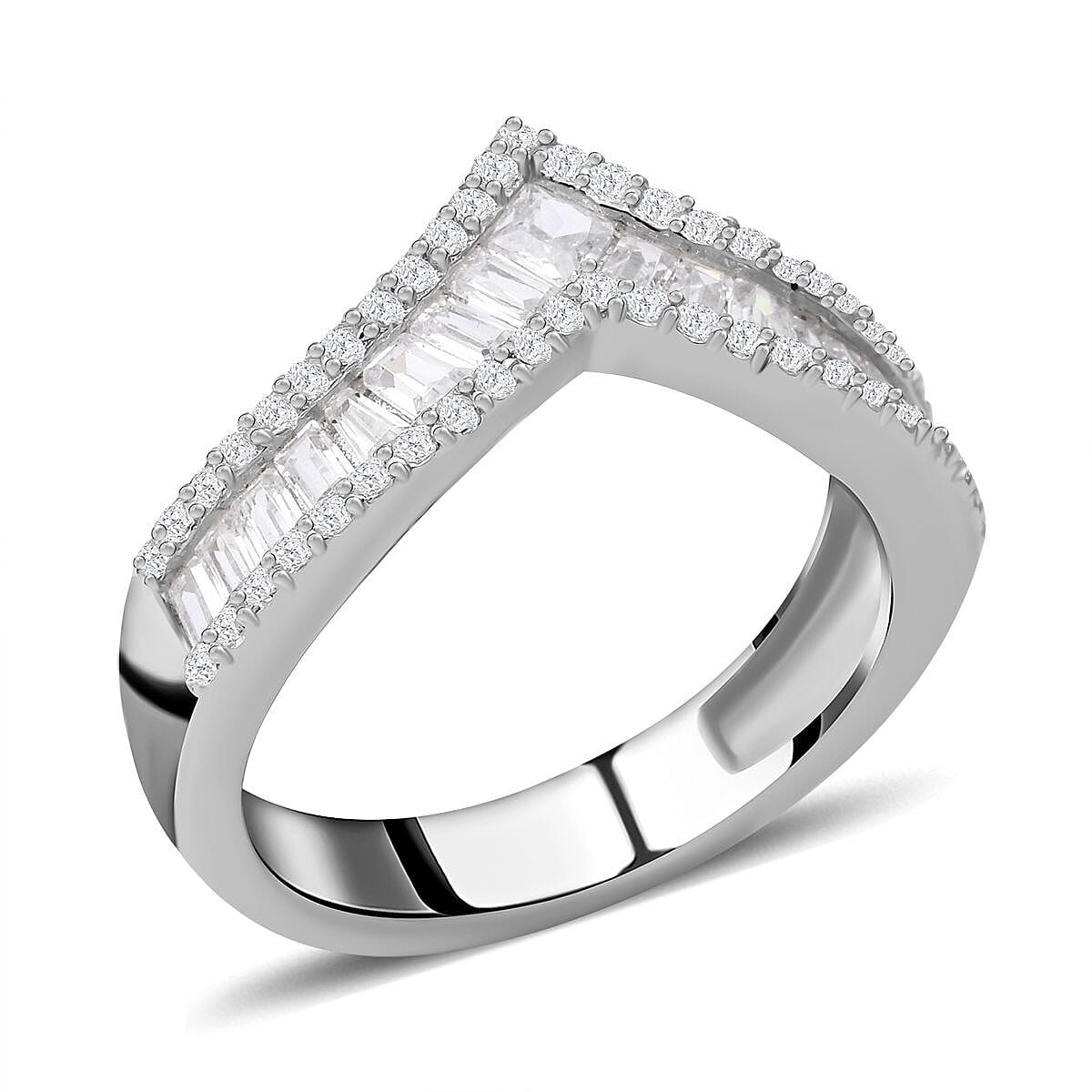NY Close Out - Simulated Diamond Wishbone Ring in Rhodium Overlay Sterling Silver 7282434 9
