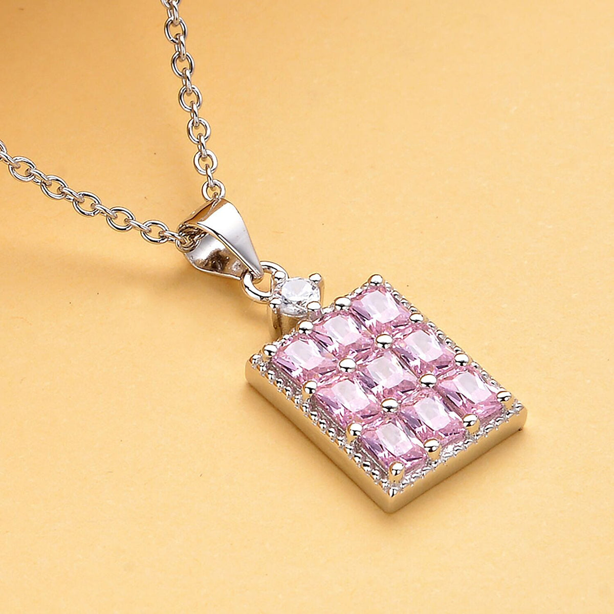 Simulated Diamond and Pink Cubic Zirconia Pendant with Stainless Chain (Size - 20 ) in Rhodium Overlay Sterling Silver. 4117133 2