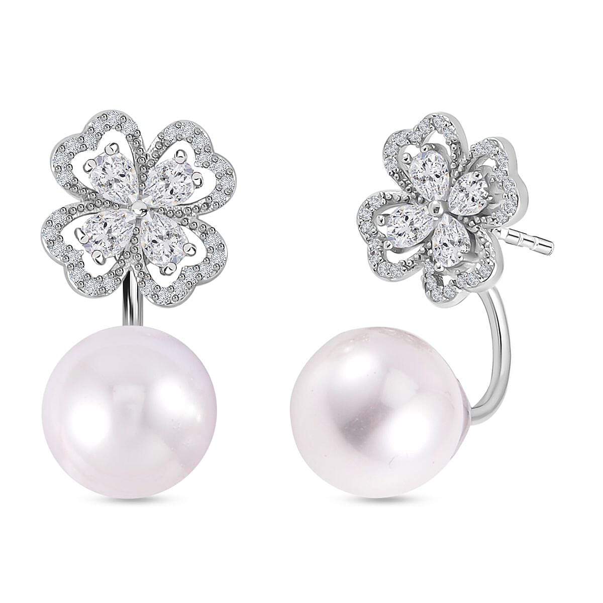 White Shell Pearl and Simulated Diamond Floral Ball Stud Earrings 7323069 0