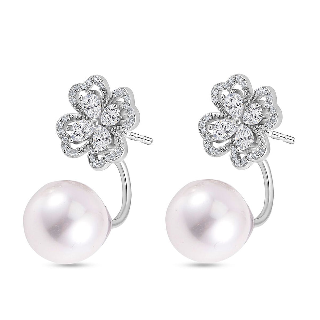 White Shell Pearl and Simulated Diamond Floral Ball Stud Earrings
