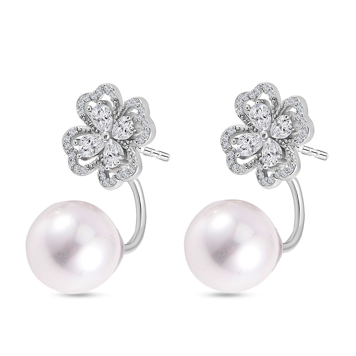 White Shell Pearl and Simulated Diamond Floral Ball Stud Earrings 7323069 4