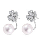 White Shell Pearl and Simulated Diamond Floral Ball Stud Earrings