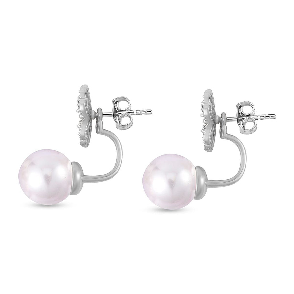White Shell Pearl and Simulated Diamond Floral Ball Stud Earrings