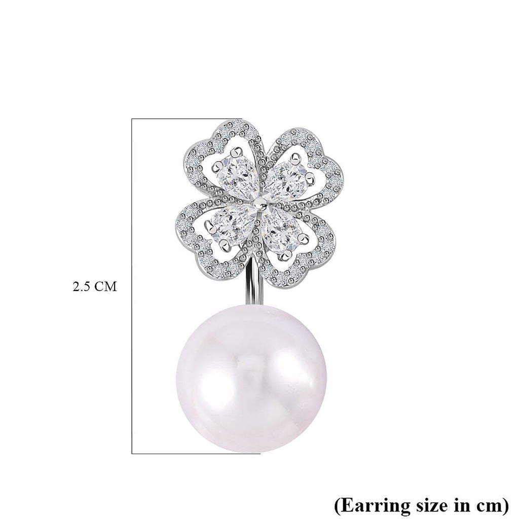 White Shell Pearl and Simulated Diamond Floral Ball Stud Earrings