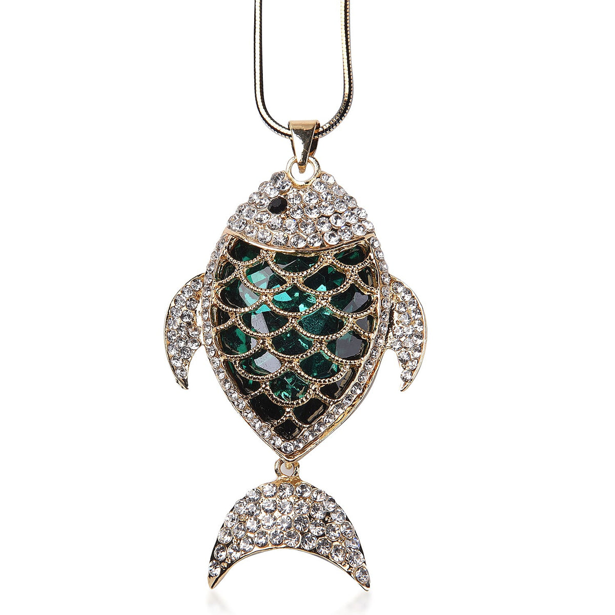 Simulated Emerald, White and Black Austrian Crystal Fish Pendant with Chain (Size 30 with 2 Inch Extender) in Two Tone 3625113 0