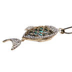 Simulated Emerald, White and Black Austrian Crystal Fish Pendant with Chain (Size 30-2 Inch Ext.) in Two Tone
