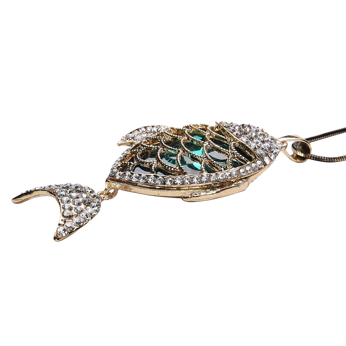 Simulated Emerald, White and Black Austrian Crystal Fish Pendant with Chain (Size 30 with 2 Inch Extender) in Two Tone 3625113 1