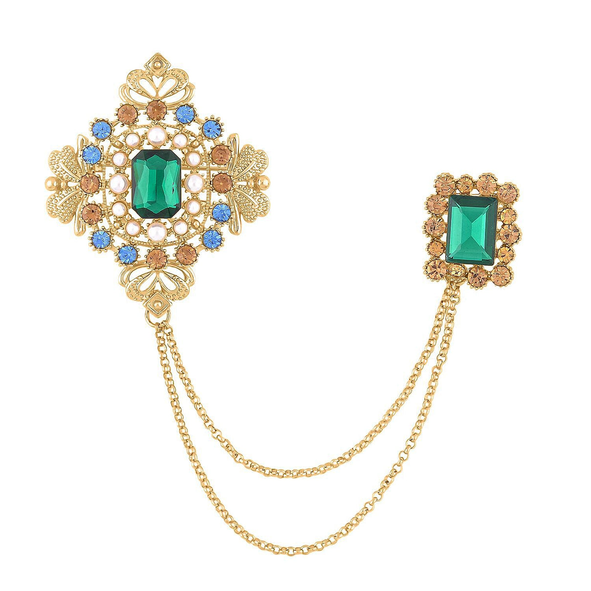 Simulated Green Sapphire, Blue Austrian Crystal, Brown Austrian Crystal and White Pearl Brooch in Yellow Gold Tone 7324337 0
