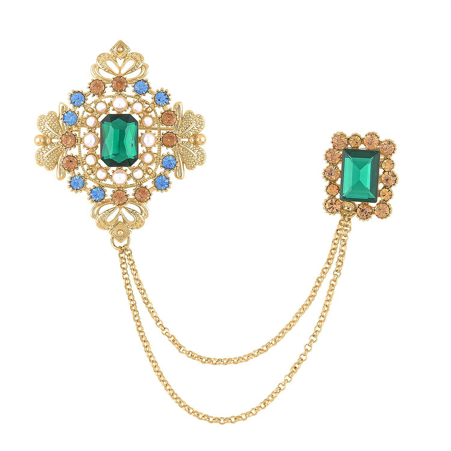 Simulated Green Sapphire, Blue Austrian Crystal, Brown Austrian Crystal and White Pearl Brooch in Yellow Gold Tone 7324337 0