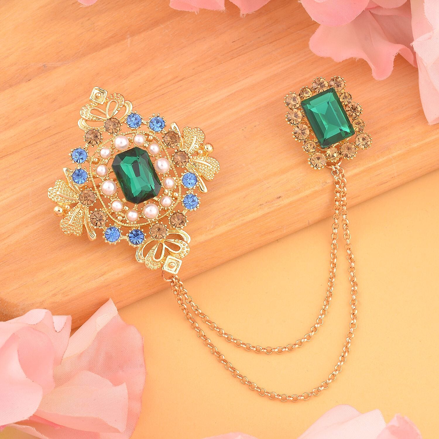 Simulated Green Sapphire, Blue Austrian Crystal, Brown Austrian Crystal and White Pearl Brooch in Yellow Gold Tone 7324337 1