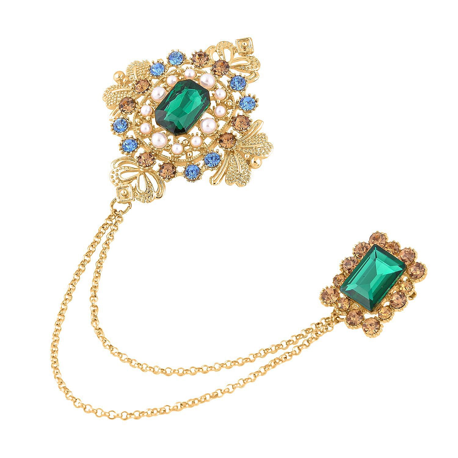 Simulated Green Sapphire, Blue Austrian Crystal, Brown Austrian Crystal and White Pearl Brooch in Yellow Gold Tone 7324337 2