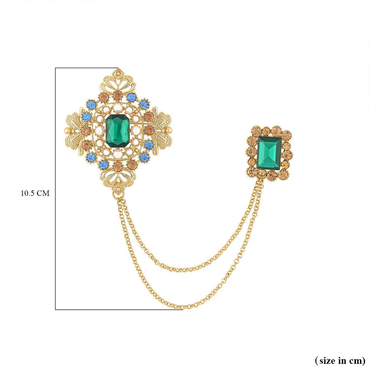 Simulated Green Sapphire, Blue Austrian Crystal, Brown Austrian Crystal and White Pearl Brooch in Yellow Gold Tone 7324337 4