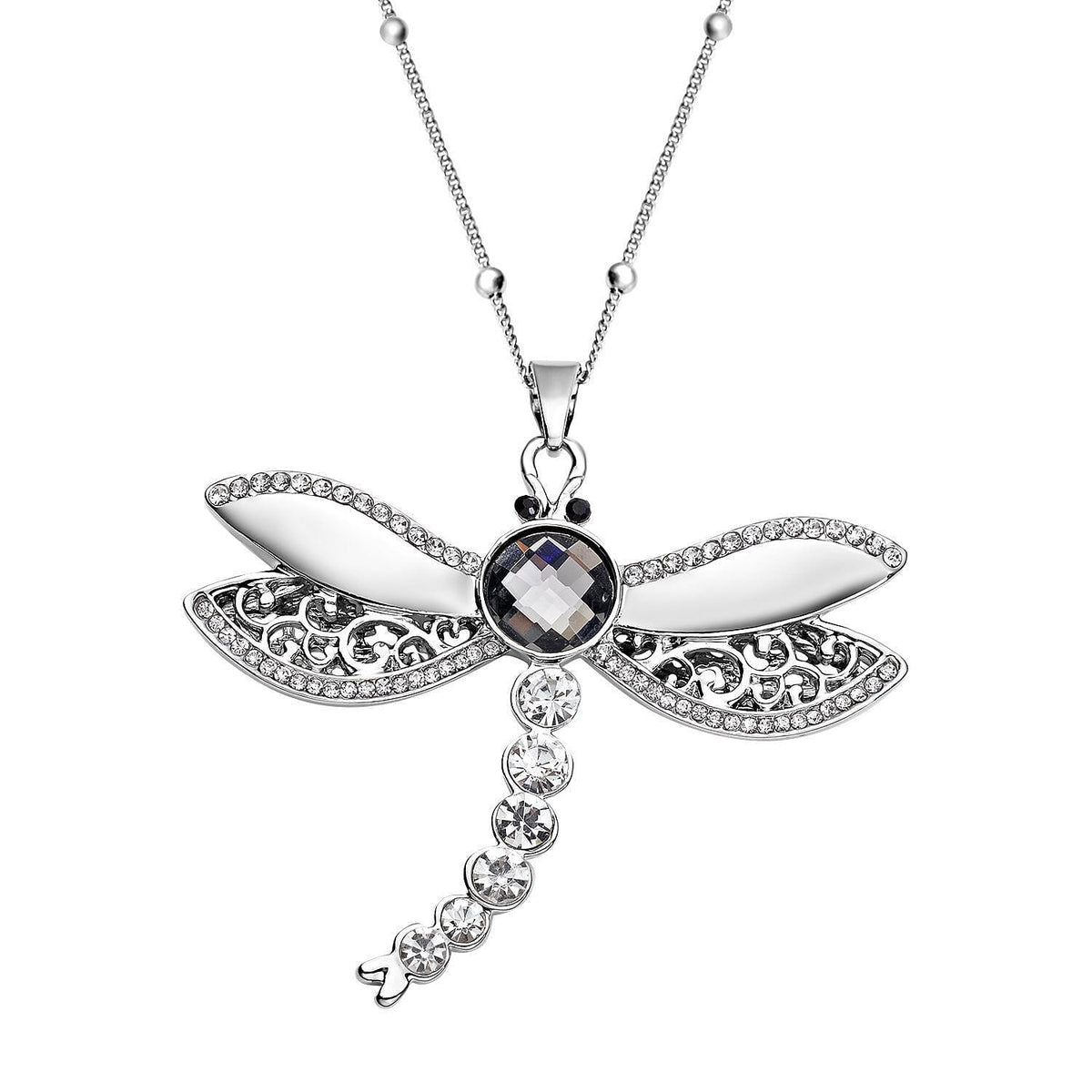 Simulated Grey Pearl, Black and White Austrian Crystal Dragonfly Pendant with Chain (Size 24-3 Inch Ext.) in Silver Tone 4033826 0
