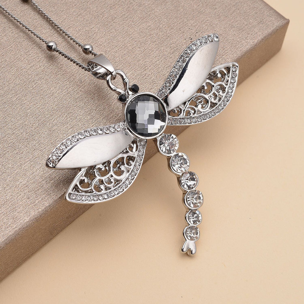 Simulated Grey Pearl, Black and White Austrian Crystal Dragonfly Pendant with Chain (Size 24-3 Inch Ext.) in Silver Tone