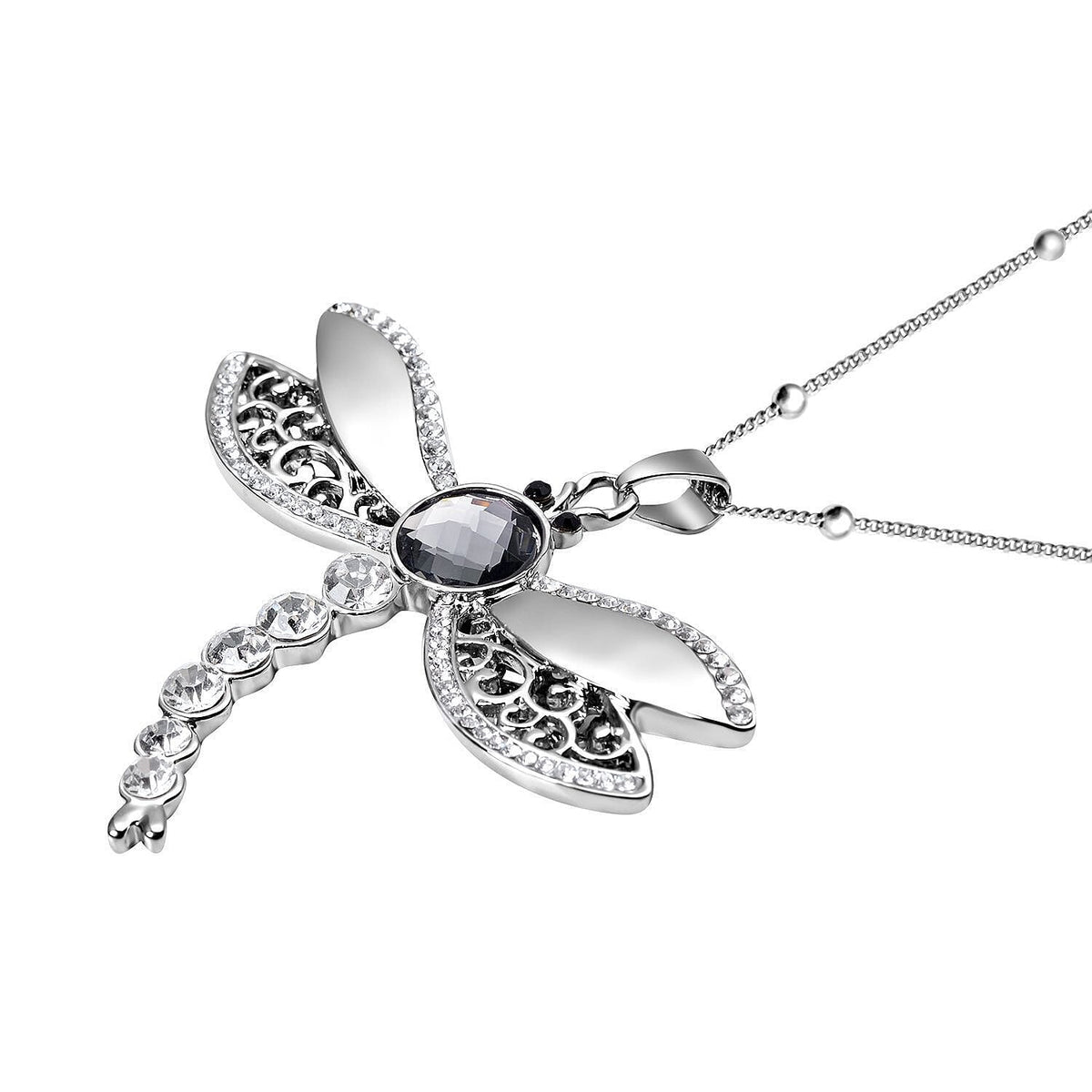 Simulated Grey Pearl, Black and White Austrian Crystal Dragonfly Pendant with Chain (Size 24-3 Inch Ext.) in Silver Tone 4033826 3