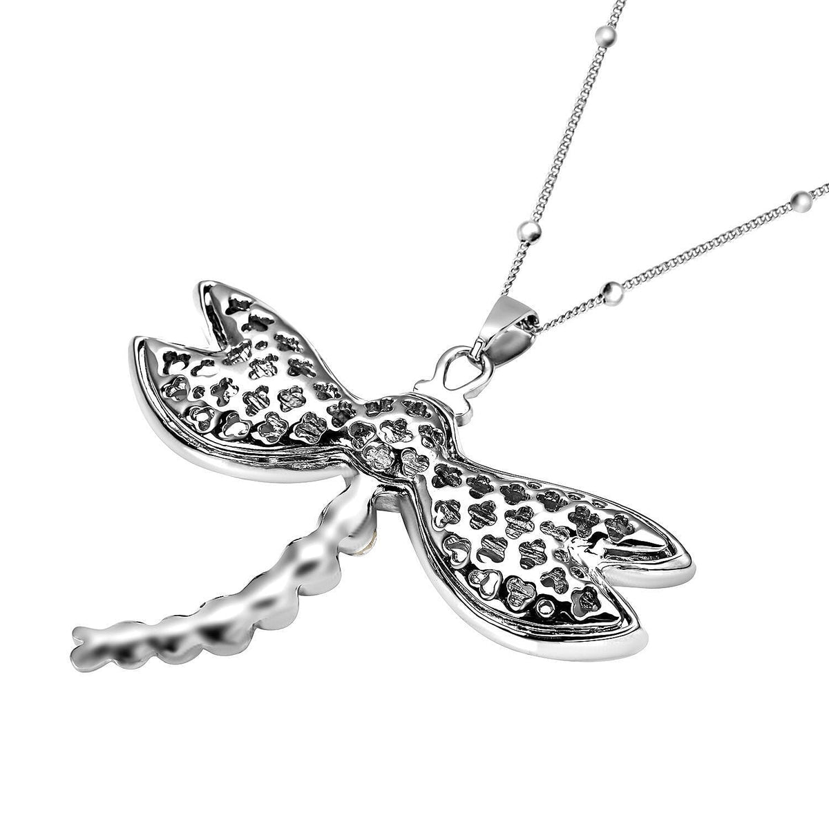 Simulated Grey Pearl, Black and White Austrian Crystal Dragonfly Pendant with Chain (Size 24-3 Inch Ext.) in Silver Tone 4033826 4