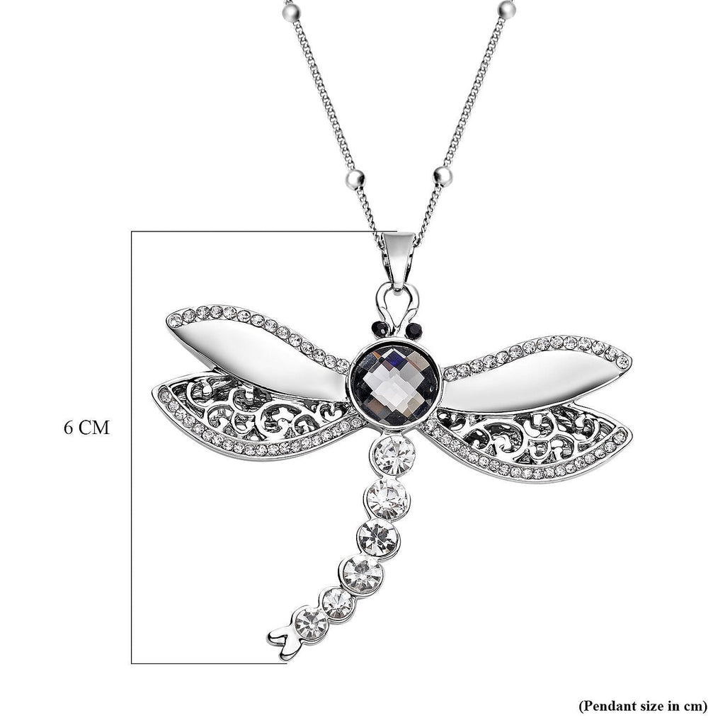 Simulated Grey Pearl, Black and White Austrian Crystal Dragonfly Pendant with Chain (Size 24-3 Inch Ext.) in Silver Tone