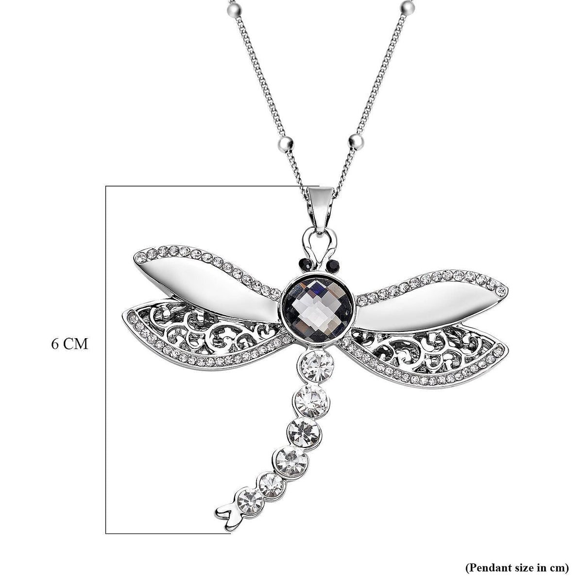 Simulated Grey Pearl, Black and White Austrian Crystal Dragonfly Pendant with Chain (Size 24-3 Inch Ext.) in Silver Tone 4033826 5
