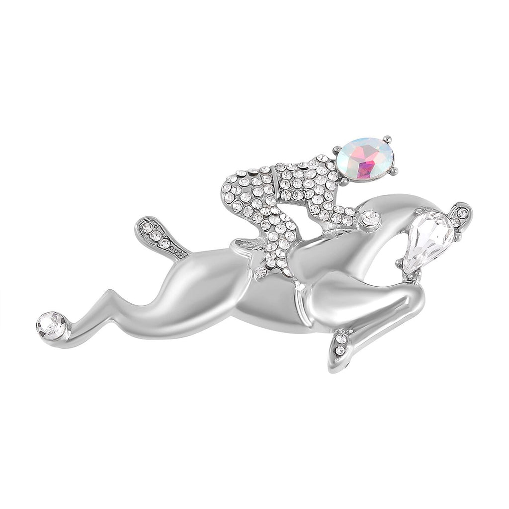 Simulated Mercury Mystic Topaz, Simulated Diamond and White Austrian Crystal Horse Brooch in Silver Tone