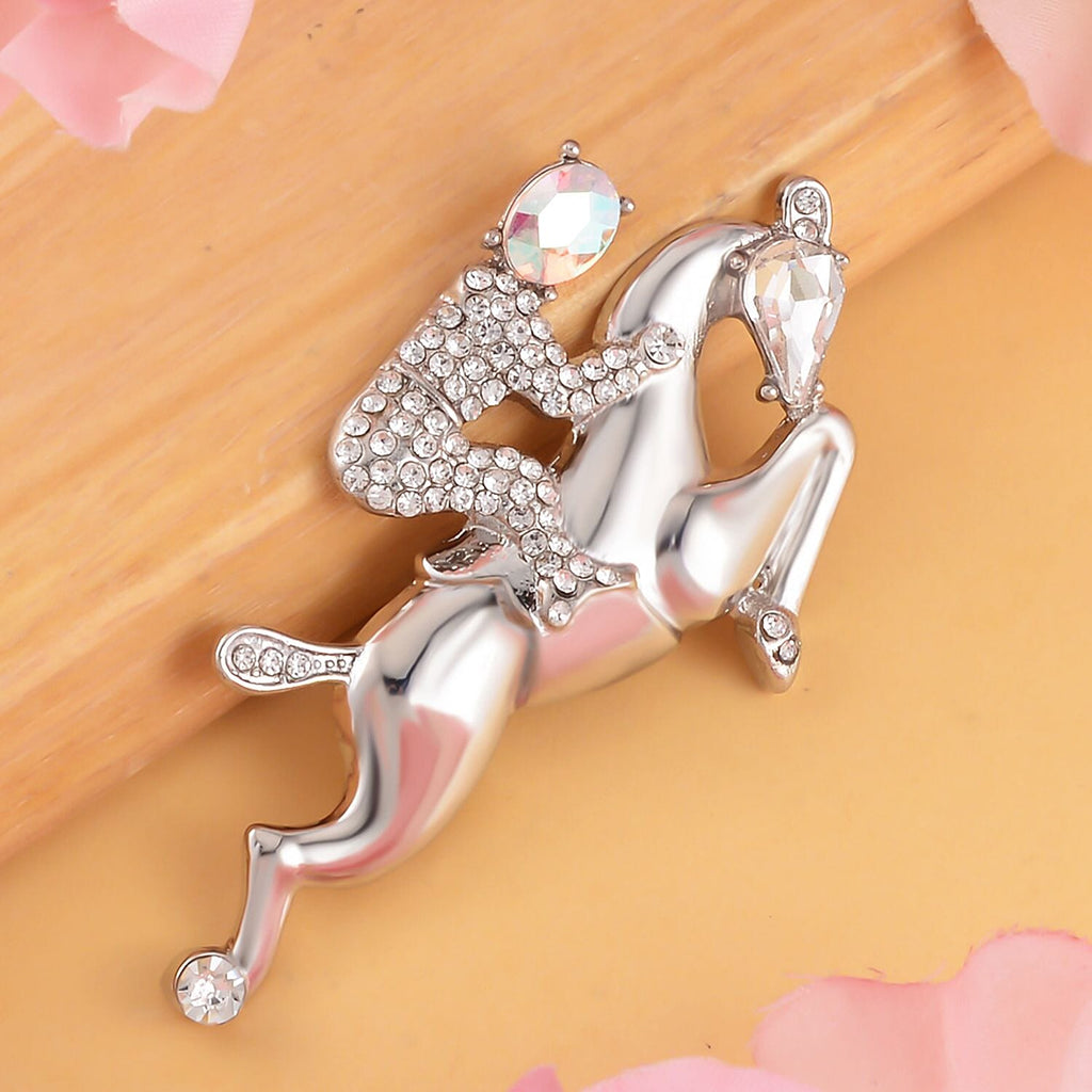 Simulated Mercury Mystic Topaz, Simulated Diamond and White Austrian Crystal Horse Brooch in Silver Tone