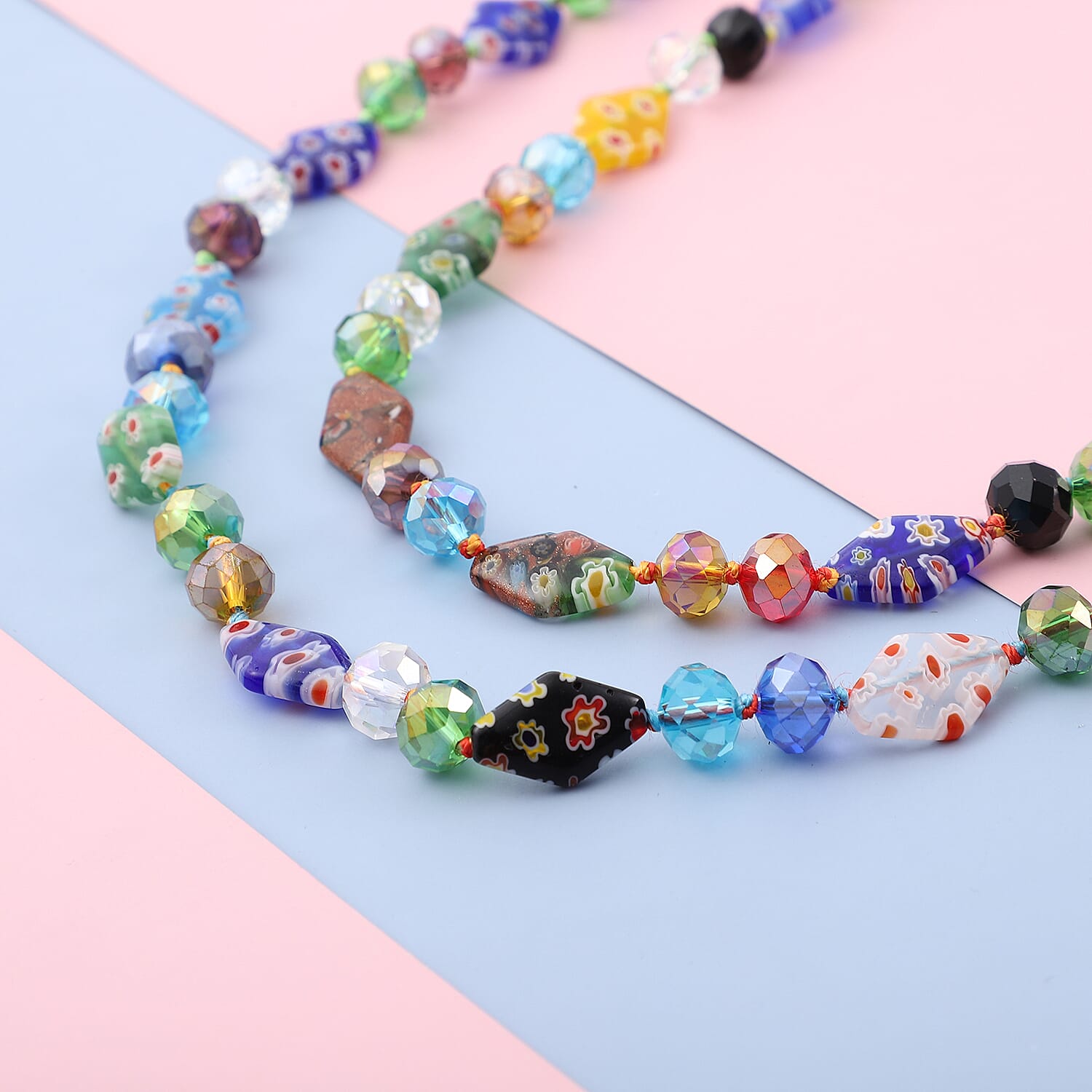 Simulated Multi Colour Gemstone and Multi Colour Murano Style Glass Beads Necklace (Size 47) 3581624 2