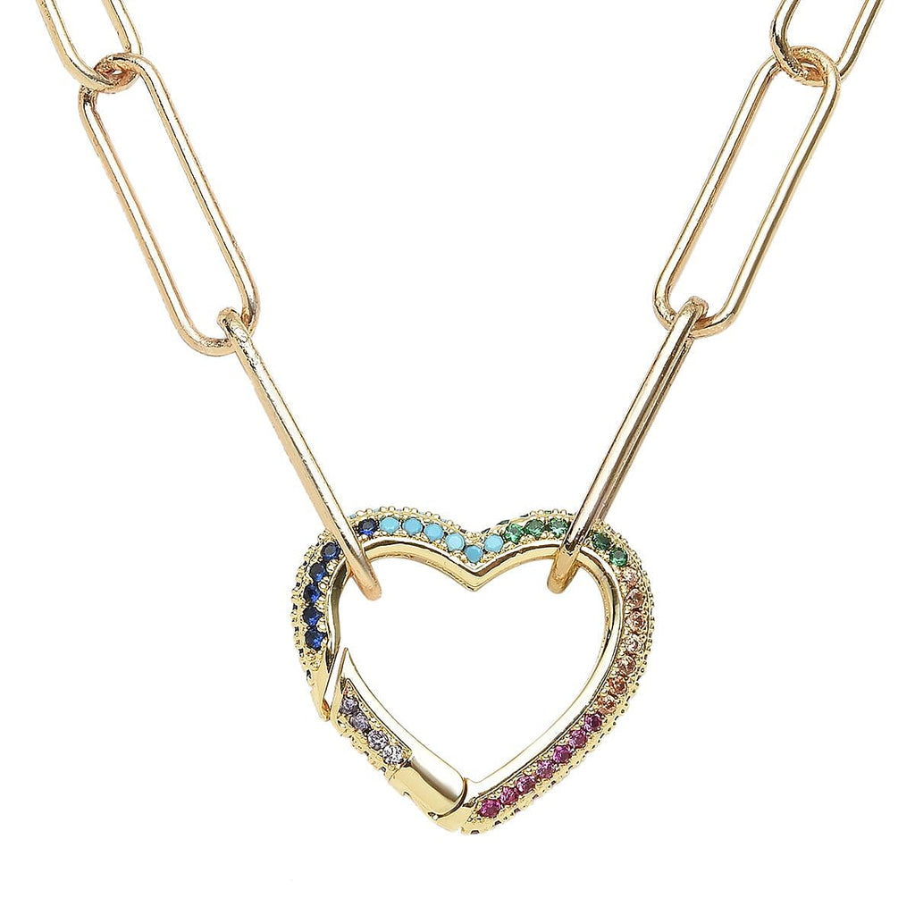 Simulated Multi Colour Gemstones Heart Paperclip Necklace (Size - 20) in Yellow Gold Tone