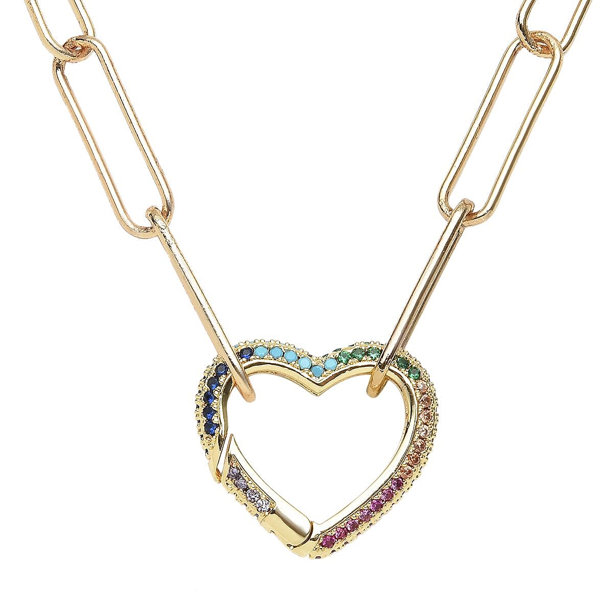 Simulated Multi Colour Gemstones Heart Paperclip Necklace (Size - 20) in Yellow Gold Tone 8898849 0
