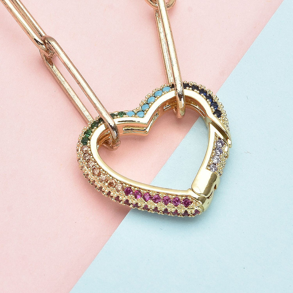 Simulated Multi Colour Gemstones Heart Paperclip Necklace (Size - 20) in Yellow Gold Tone