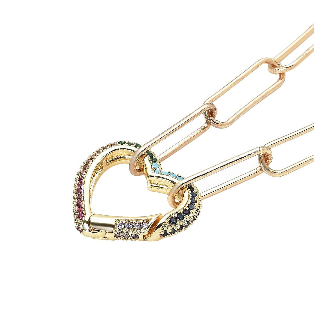 Simulated Multi Colour Gemstones Heart Paperclip Necklace (Size - 20) in Yellow Gold Tone