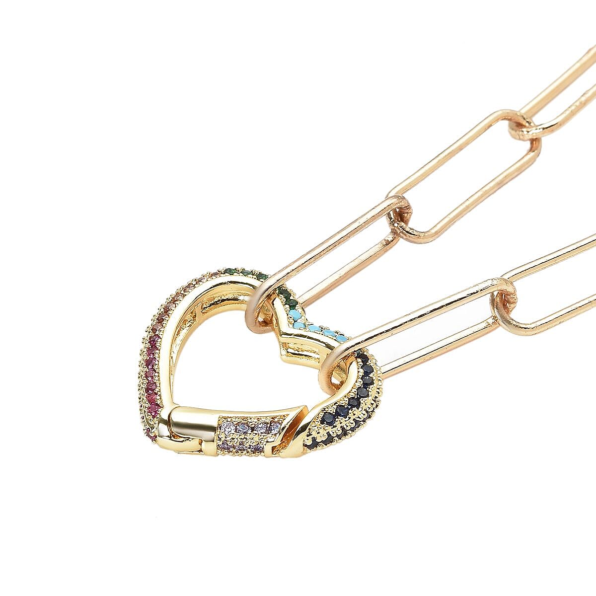 Simulated Multi Colour Gemstones Heart Paperclip Necklace (Size - 20) in Yellow Gold Tone 8898849 3