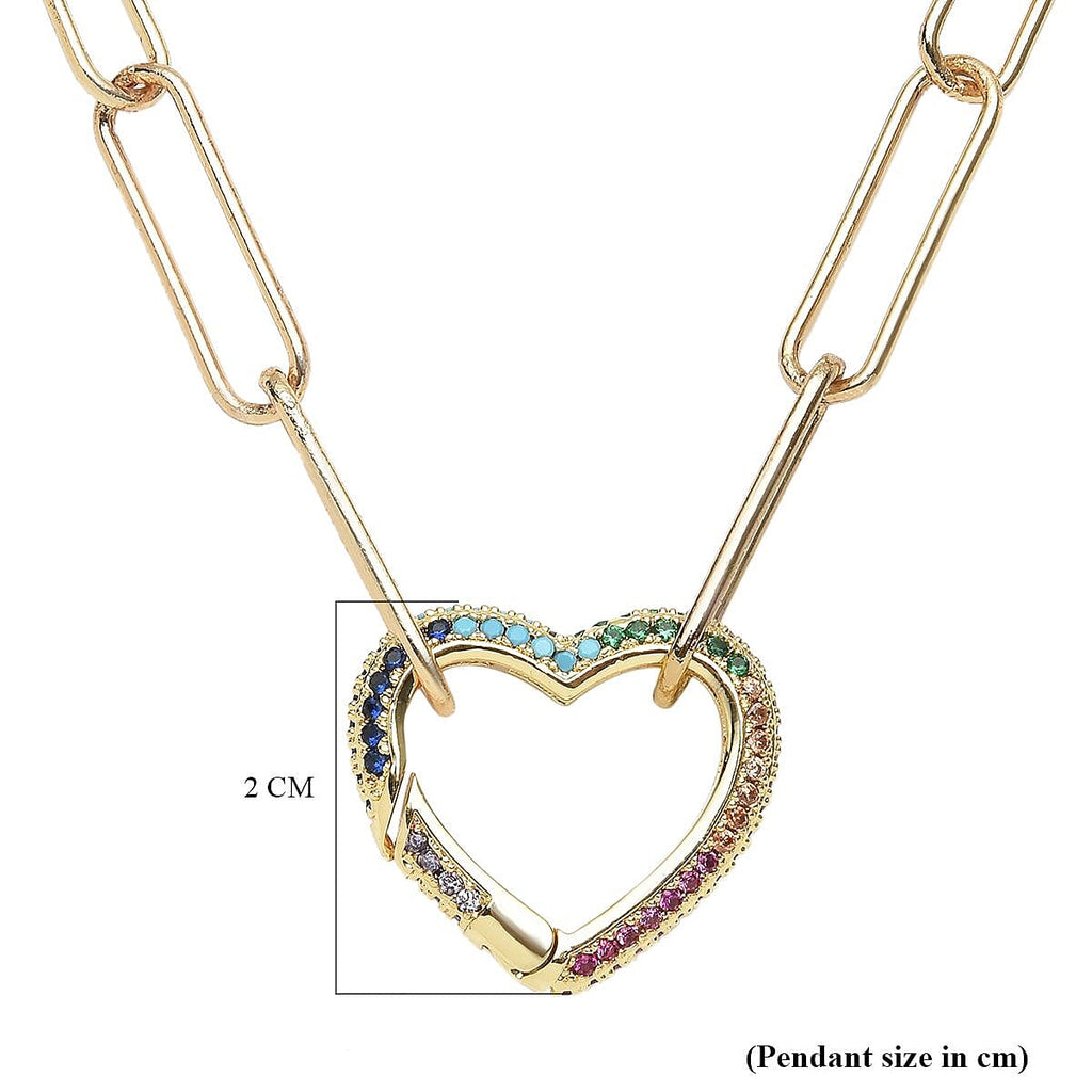 Simulated Multi Colour Gemstones Heart Paperclip Necklace (Size - 20) in Yellow Gold Tone