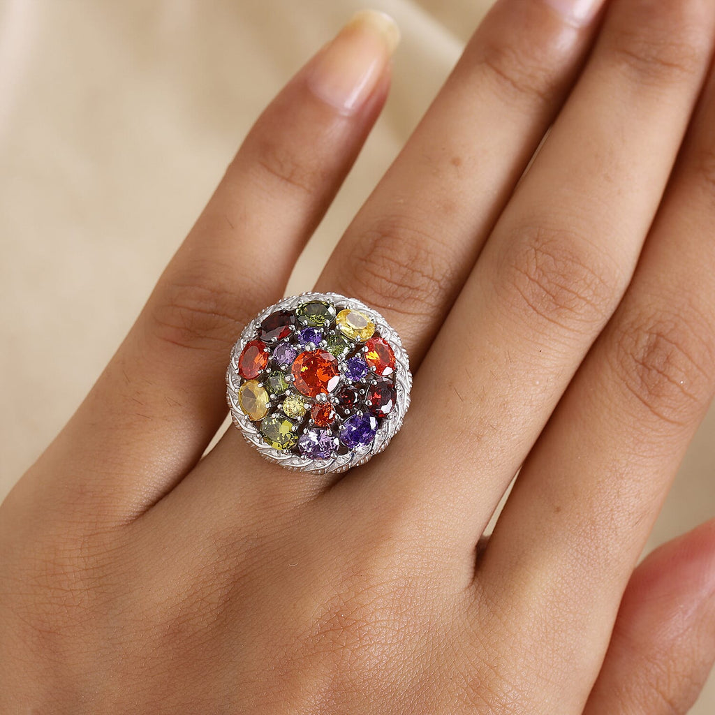 Simulated Multi Gemstones Ring in Silver Tone