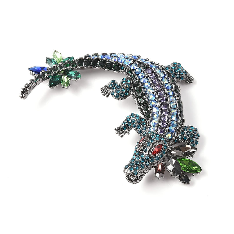 Simulated Multicolour Gemstone (Mrq) and Multicolour Austrian Crystal Crocodile Brooch Pendant in Black Tone