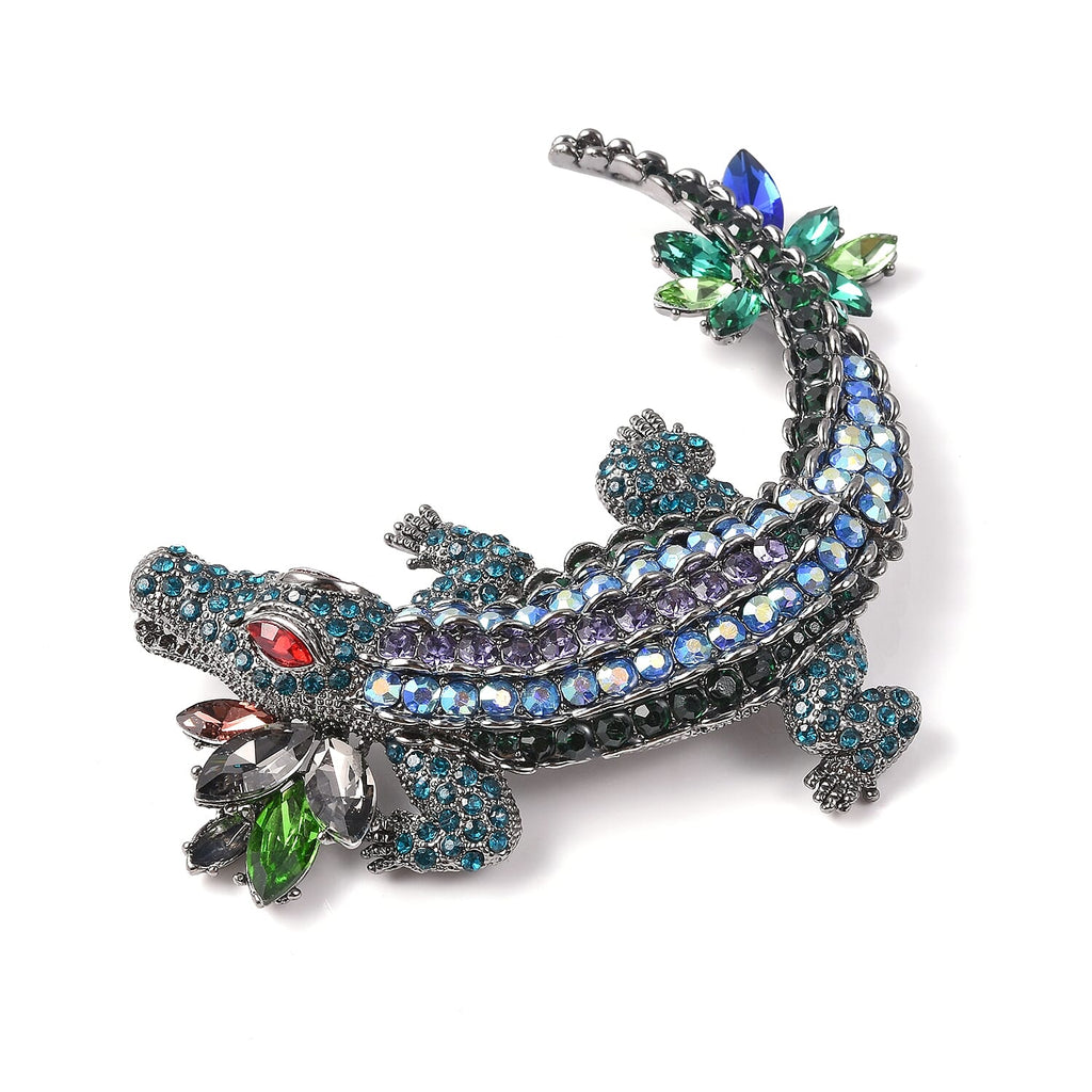 Simulated Multicolour Gemstone (Mrq) and Multicolour Austrian Crystal Crocodile Brooch Pendant in Black Tone