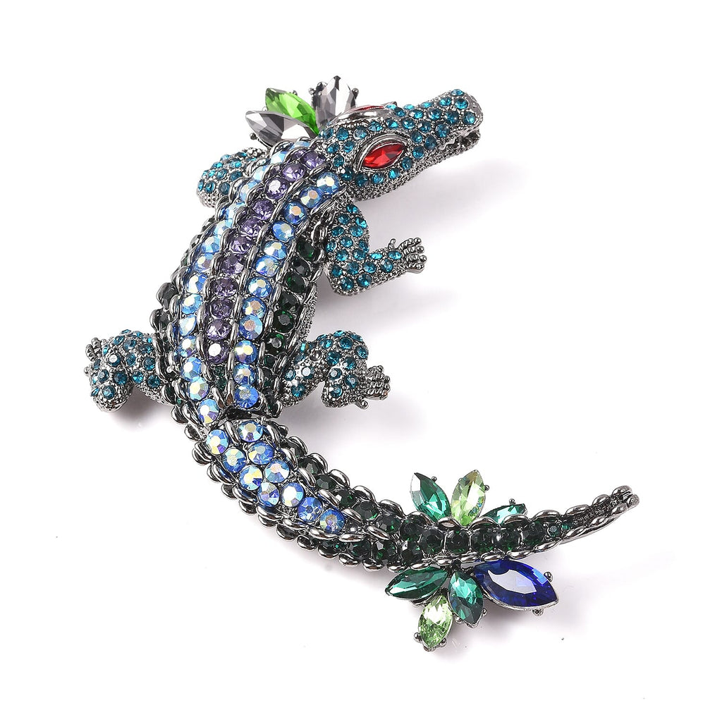 Simulated Multicolour Gemstone (Mrq) and Multicolour Austrian Crystal Crocodile Brooch Pendant in Black Tone