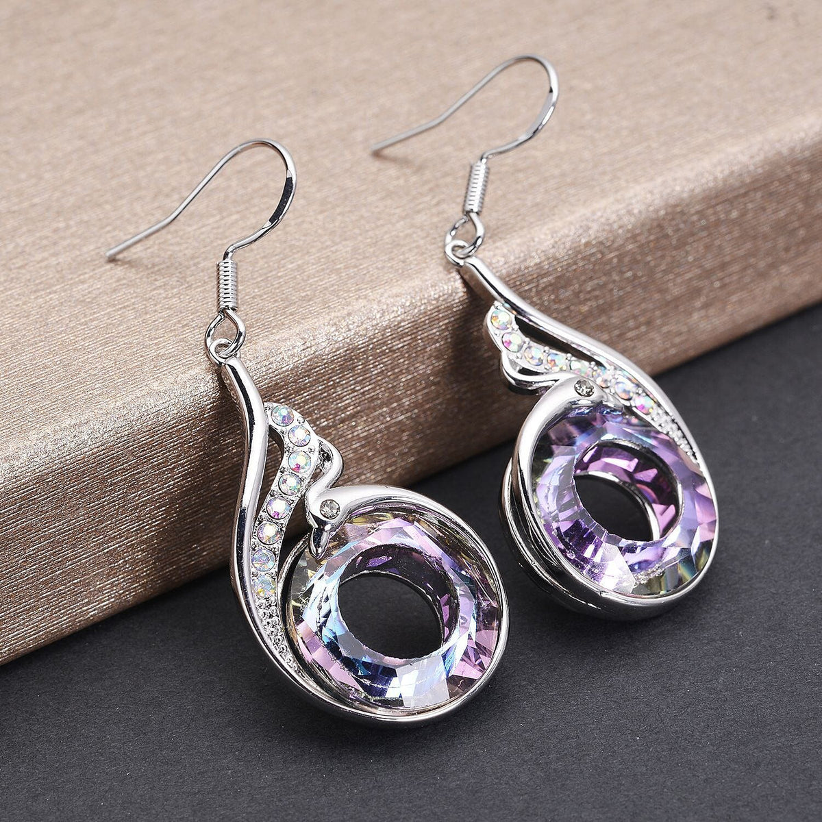 Simulated Mystic Topaz, White and Grey Austrian Crystal Fish Hook Earrings in Silver Tone 8943711 2