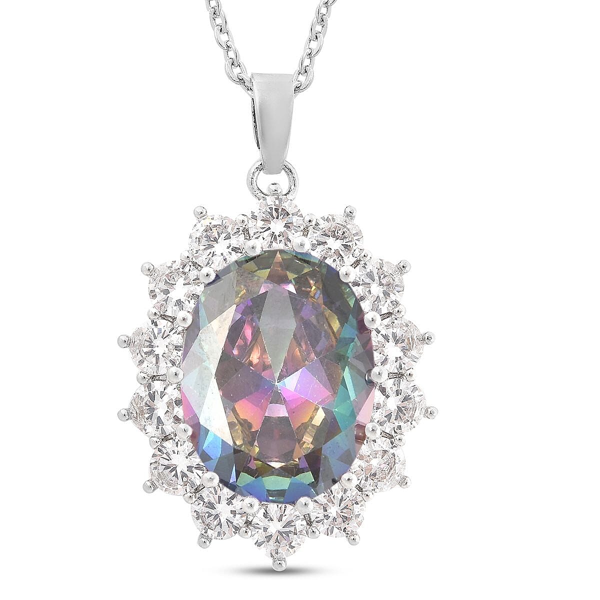 Simulated Mystic Topaz and Simulated Diamond Pendant with Chain(Size 20 with 2 Inch Extender) in Silver Tone 4054446 0