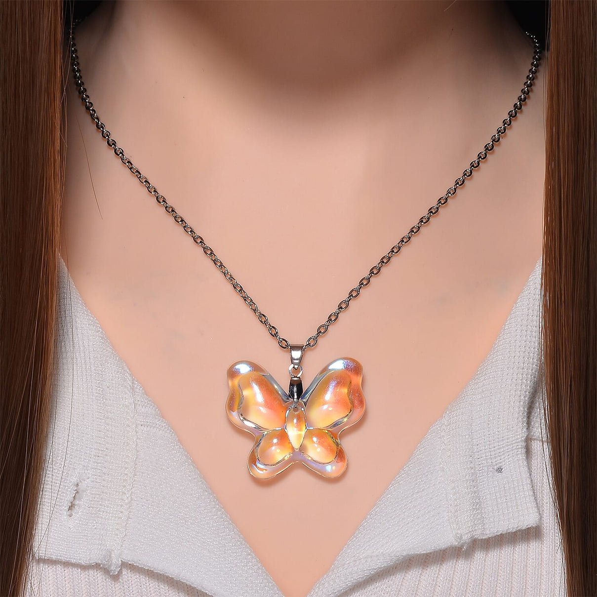 Simulated Mystic White Crystal Butterfly Pendant with Chain (Size 24) 4273815 2