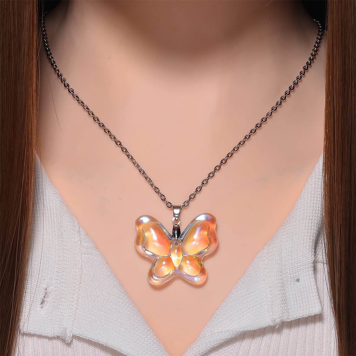 Simulated Mystic White Crystal Butterfly Pendant with Chain (Size 24) 4273815 2