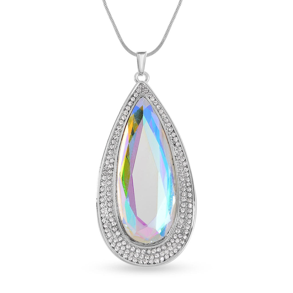 Simulated Mystic White Austrian Crystal & White Austrian Crystal Drop Necklace (Size - 28) in Silver Tone