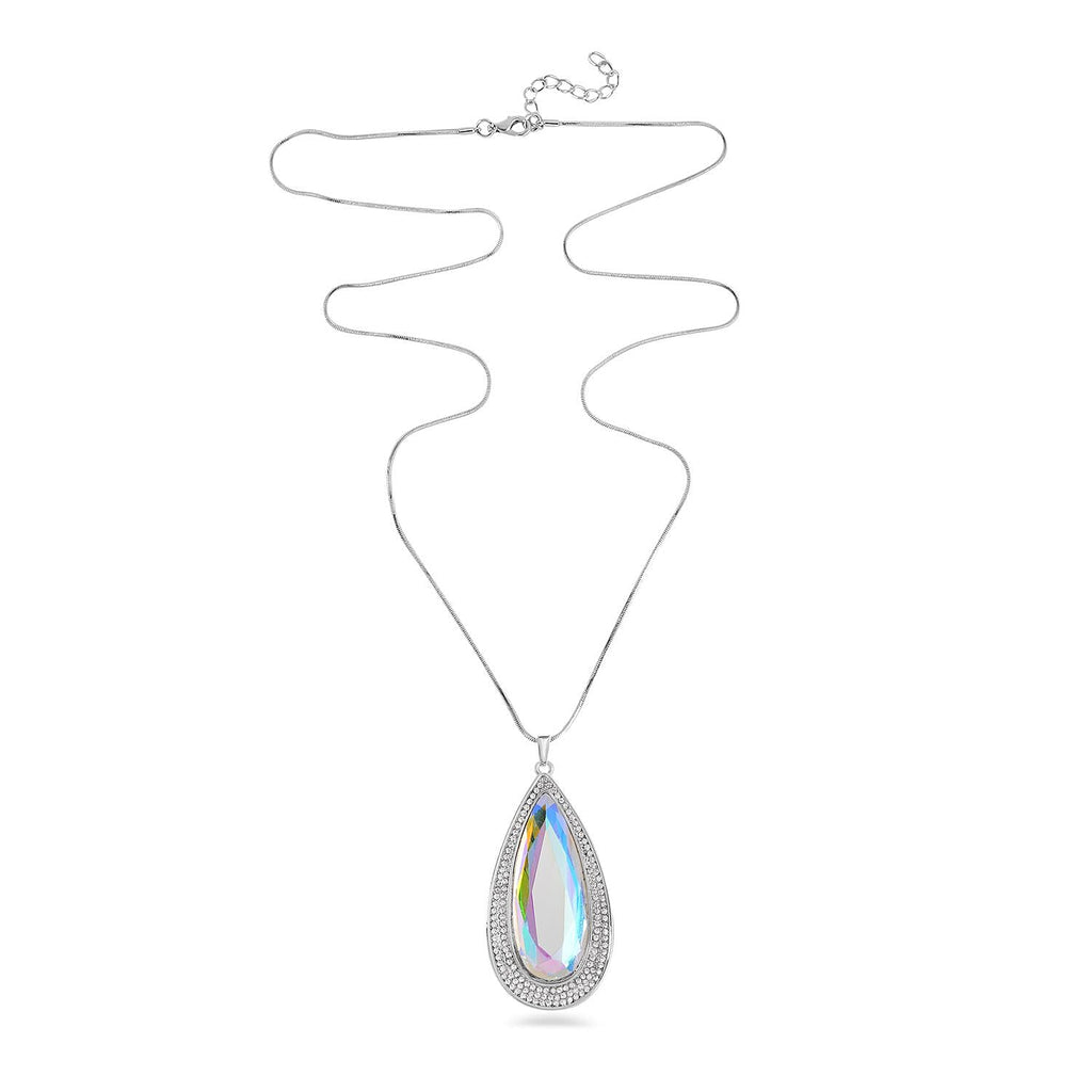 Simulated Mystic White Austrian Crystal & White Austrian Crystal Drop Necklace (Size - 28) in Silver Tone