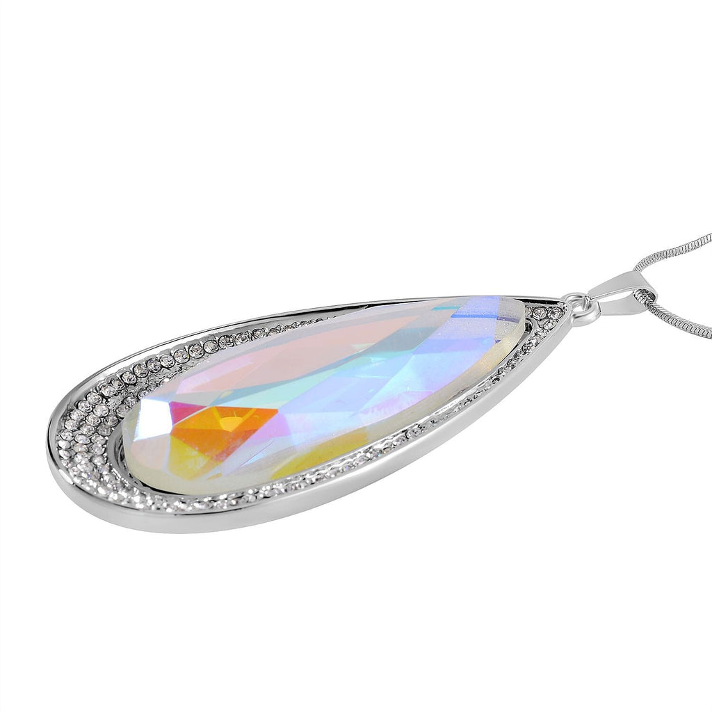 Simulated Mystic White Austrian Crystal & White Austrian Crystal Drop Necklace (Size - 28) in Silver Tone