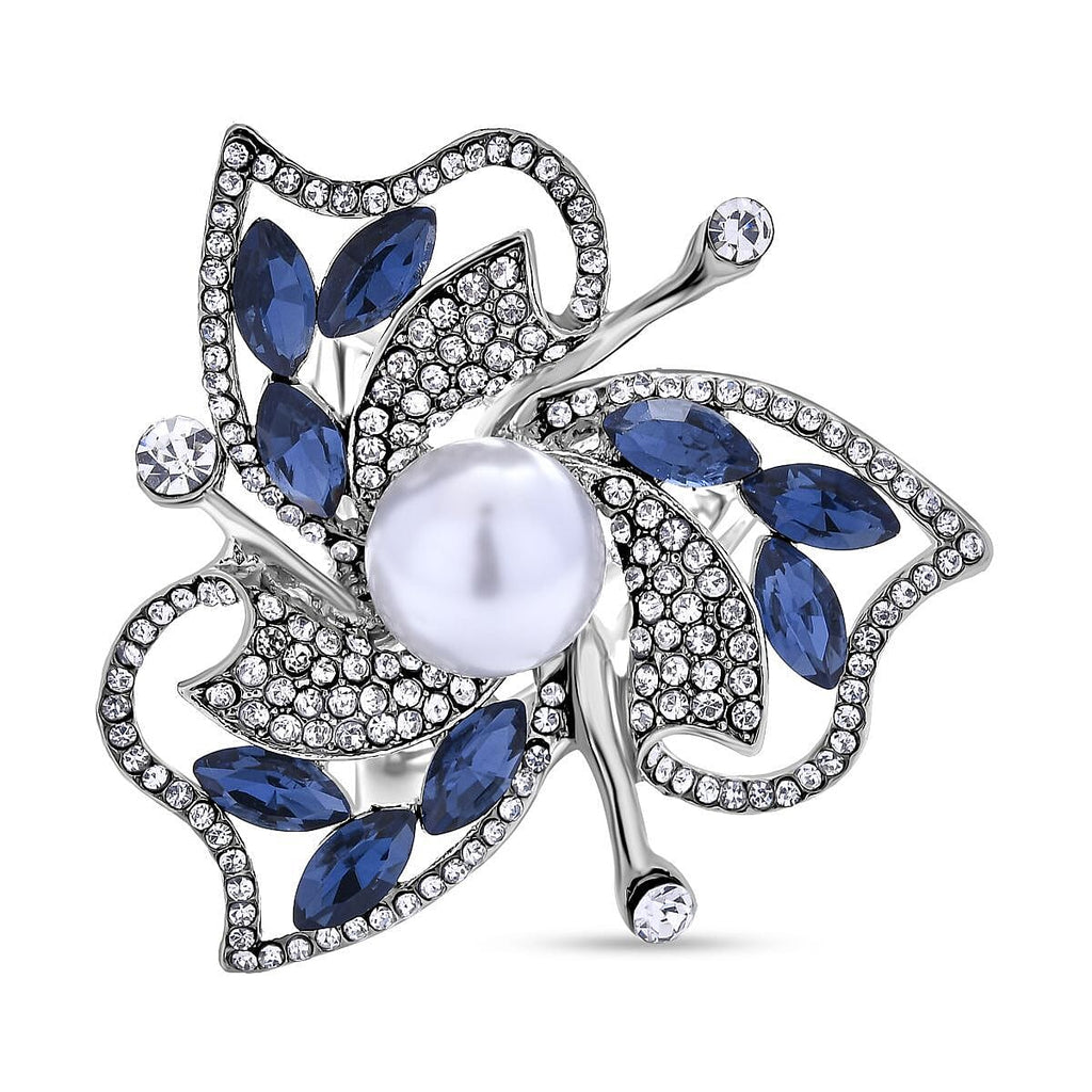 Simulated Pearl, Simulated Blue Sapphire and White Austrian Crystal Scarf Ring in Silver Tone