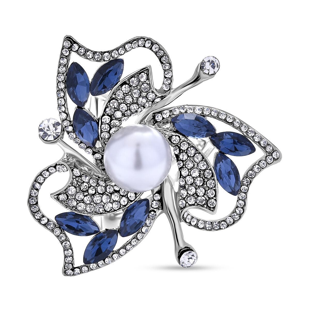Simulated Pearl, Simulated Blue Sapphire and White Austrian Crystal Scarf Ring in Silver Tone 7273652 0