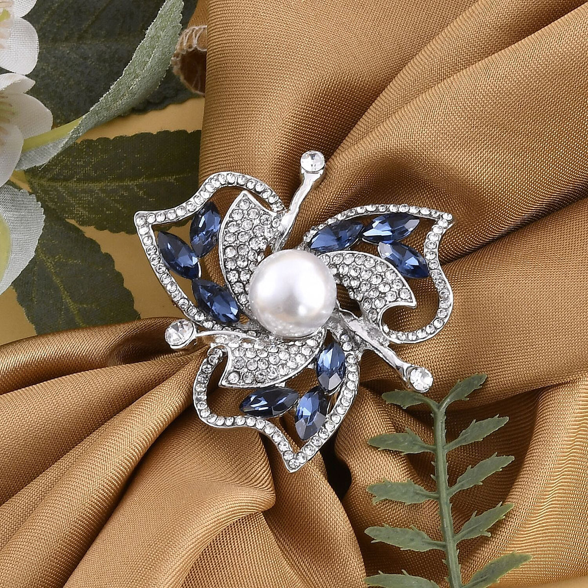 Simulated Pearl, Simulated Blue Sapphire and White Austrian Crystal Scarf Ring in Silver Tone 7273652 2