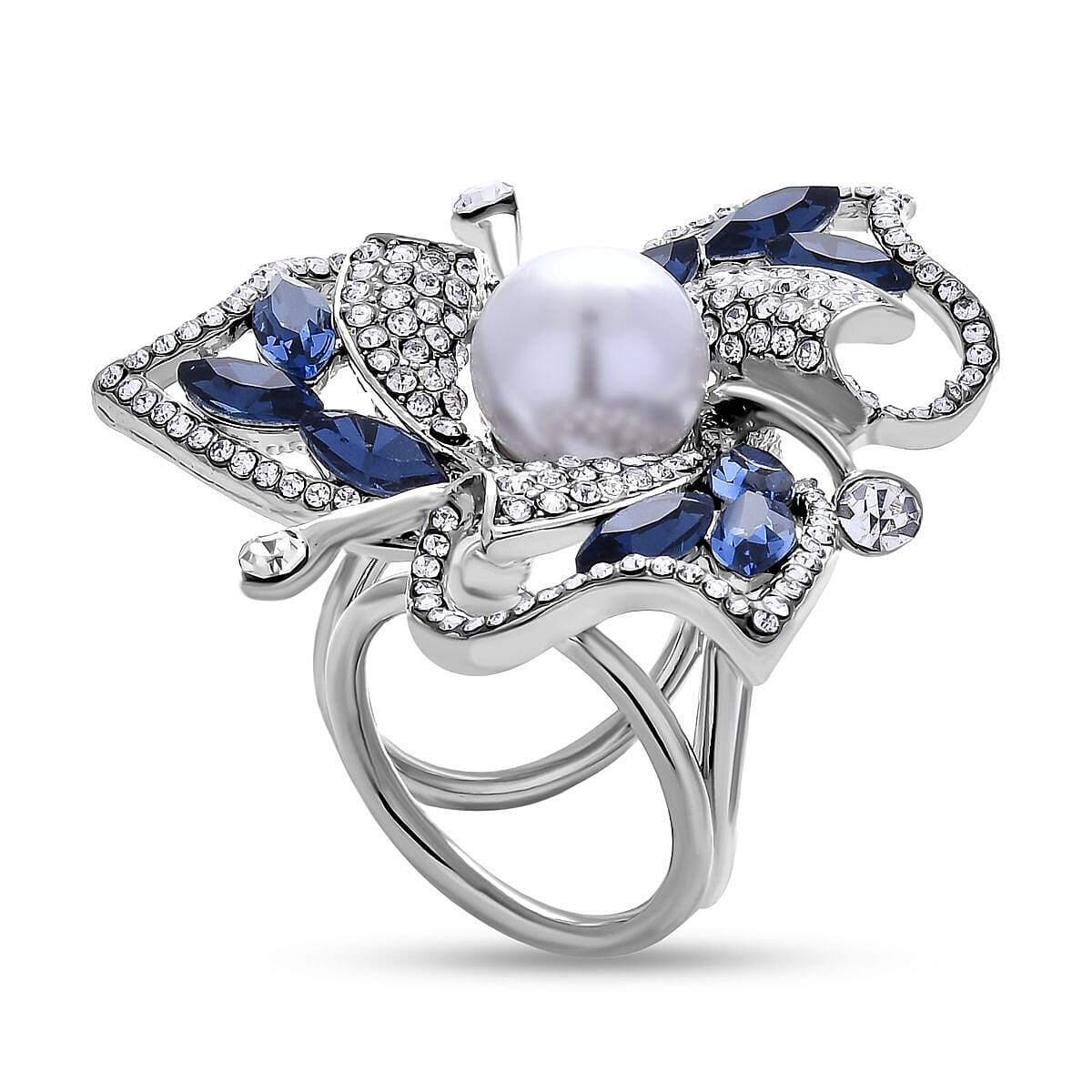 Simulated Pearl, Simulated Blue Sapphire and White Austrian Crystal Scarf Ring in Silver Tone 7273652 3