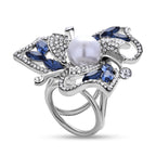 Simulated Pearl, Simulated Blue Sapphire and White Austrian Crystal Scarf Ring in Silver Tone