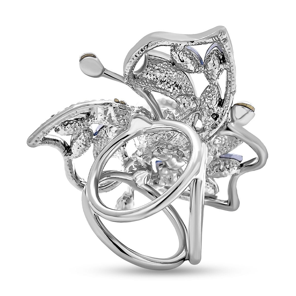 Simulated Pearl, Simulated Blue Sapphire and White Austrian Crystal Scarf Ring in Silver Tone 7273652 4